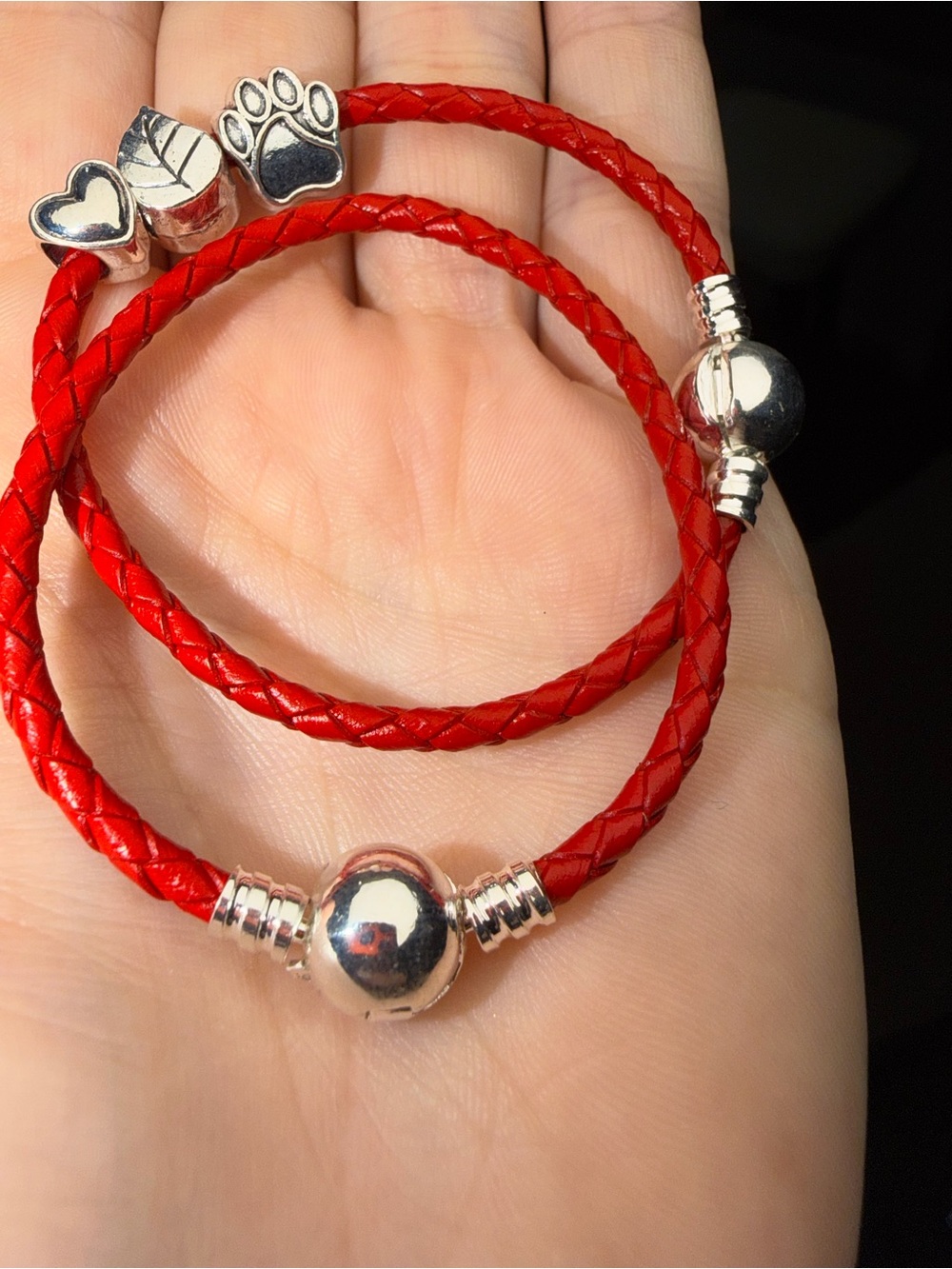 Red Braided Leather Charm Bracelet with Silver Accents , small